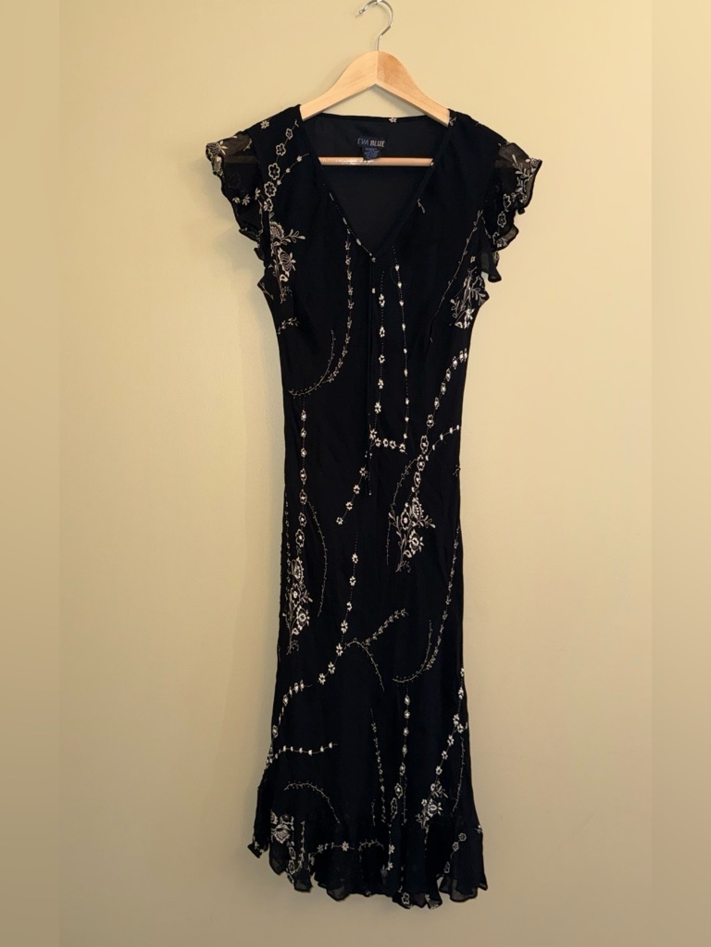 Eva Blue Whimsigoth Maxi Sequins beaded Dress Ruffle 8 Floral Fairy Romantic
